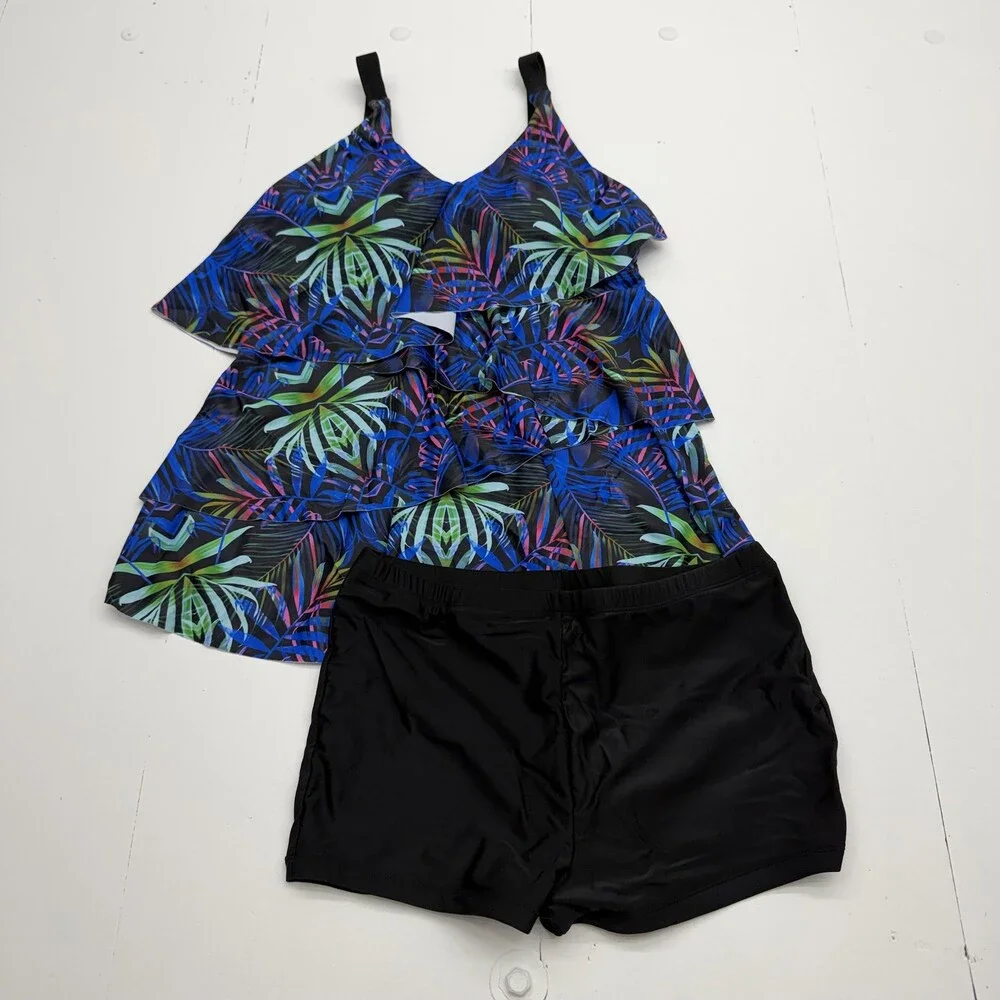 Blue Tropical Tankini Swimsuit Set Womens M Ruffle Swim Shorts 2 Piece Lined